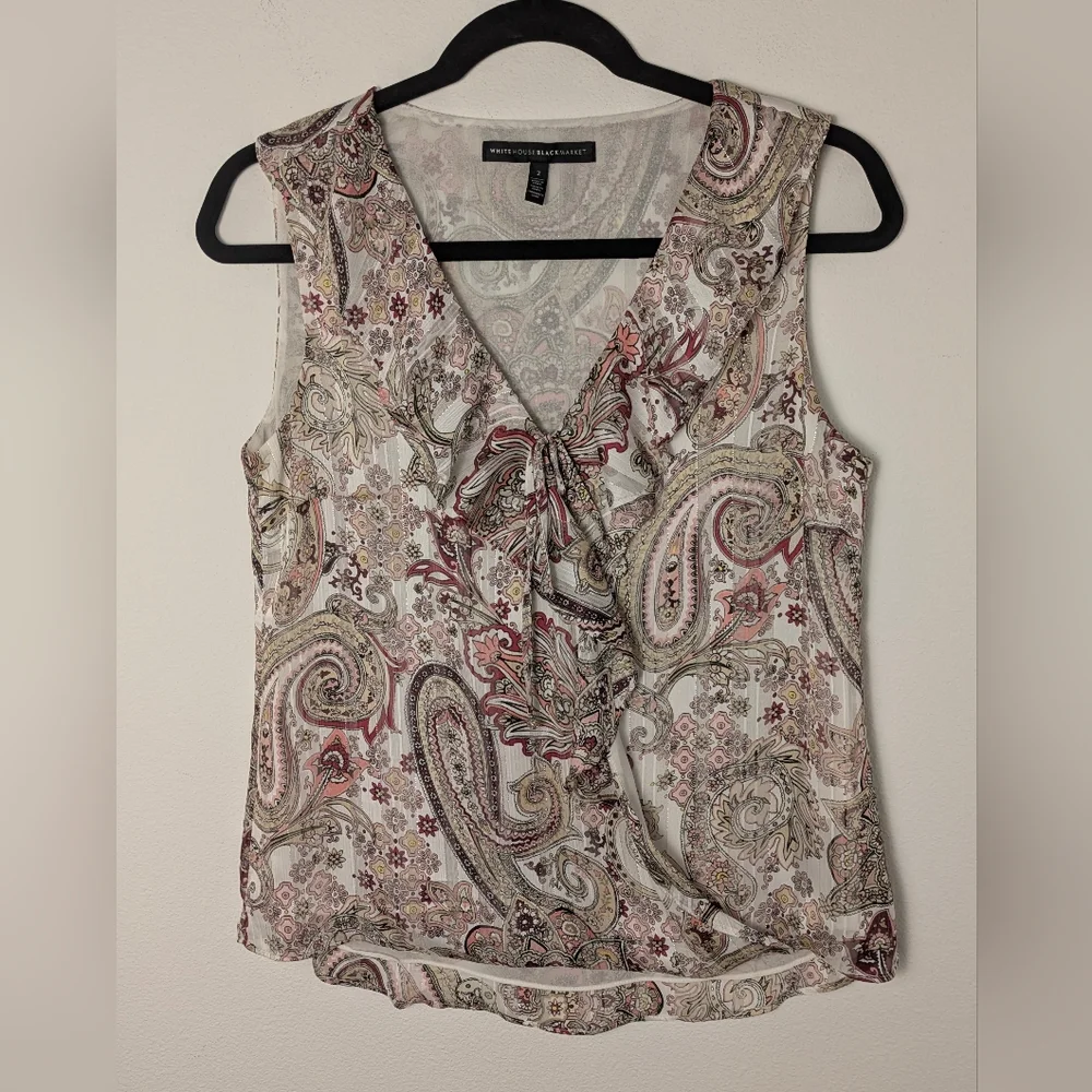 White House Black Market Tank Top Women’s 2 Paisley Sleeveless Blouse Metallic - Picture 2 of 12